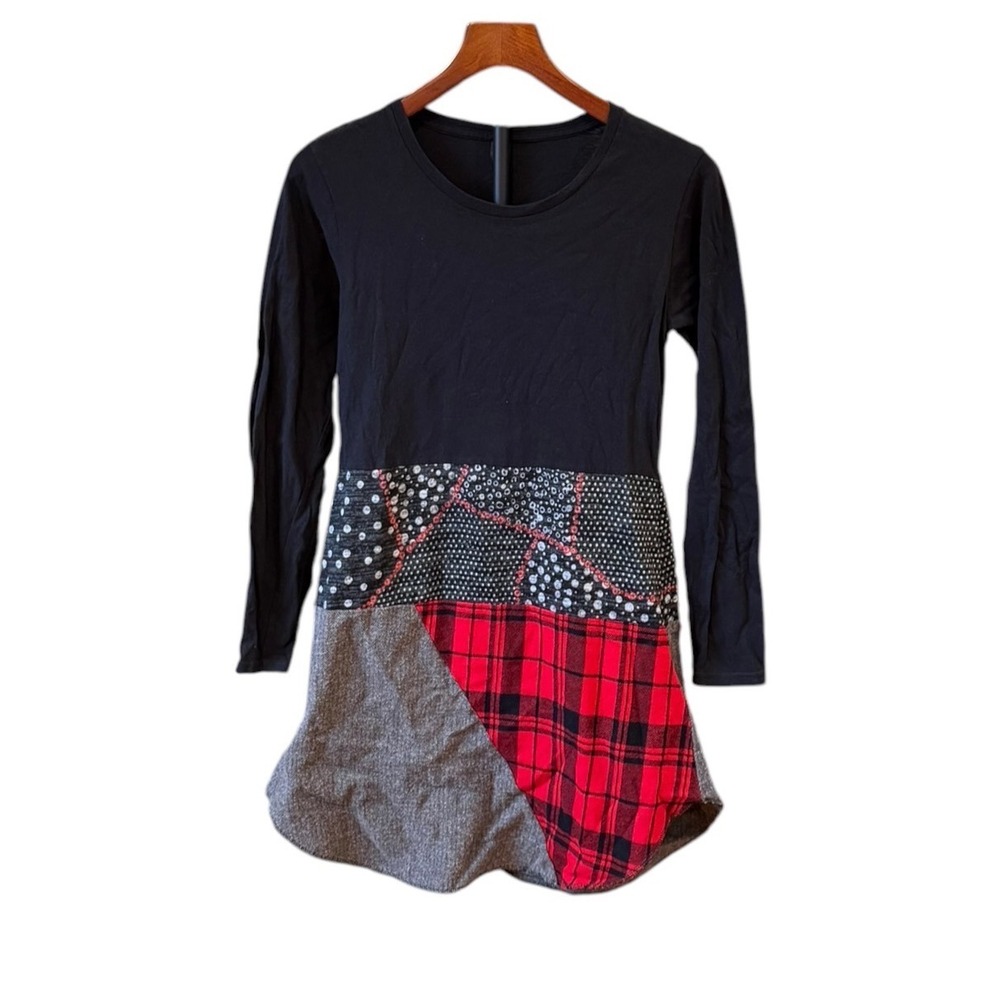 Mixed Media Patchwork Tunic Top Long Sleeve Plaid Kitschy Polka Dot Black Red S